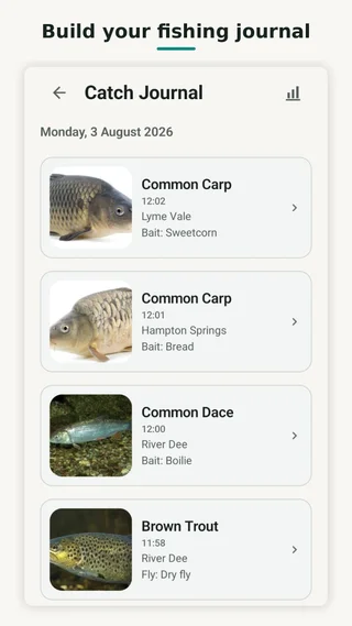 CatchID Catch Journal showing a fishing history with saved photographs and structured details.